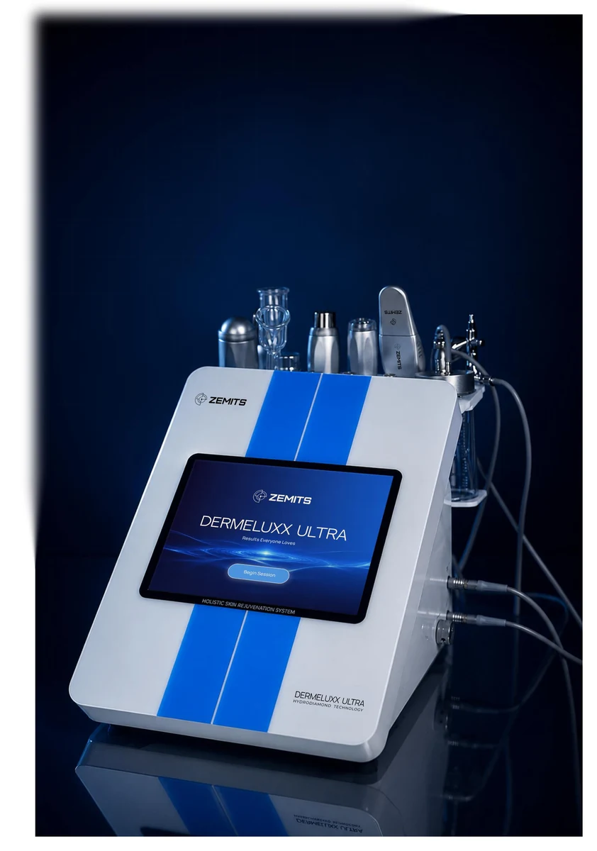 Zemits DermeLuxx Ultra device with touchscreen welcome interface and HydroDiamond technology branding