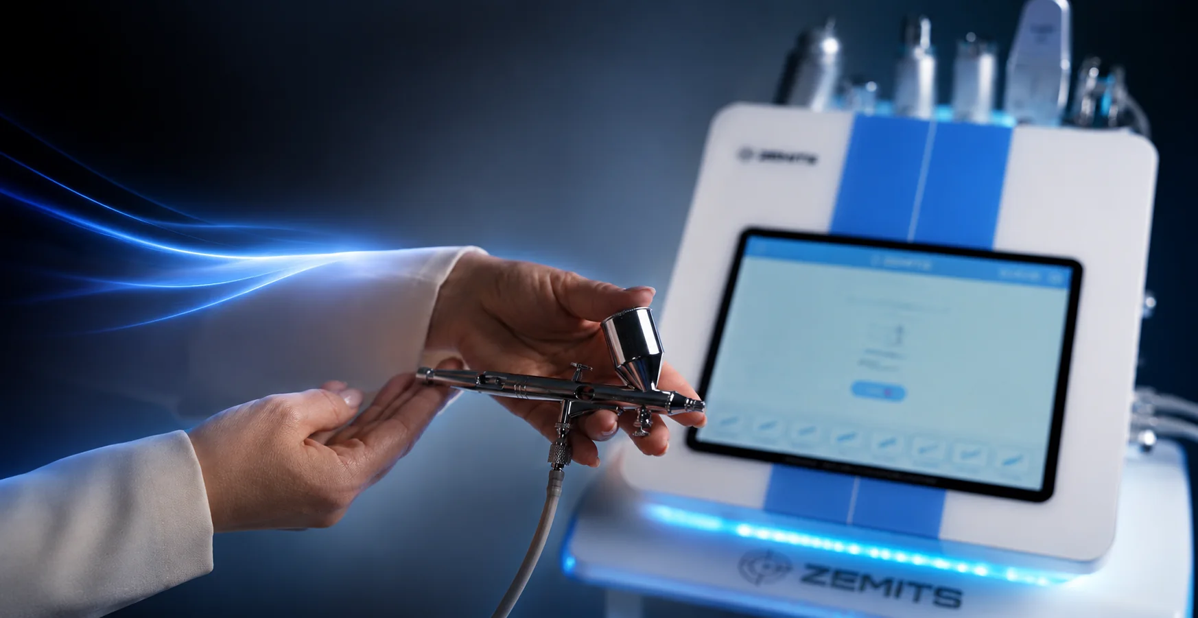 Close-up of the DermeLuxx Ultra oxygen serum applicator held by a provider beside the device interface