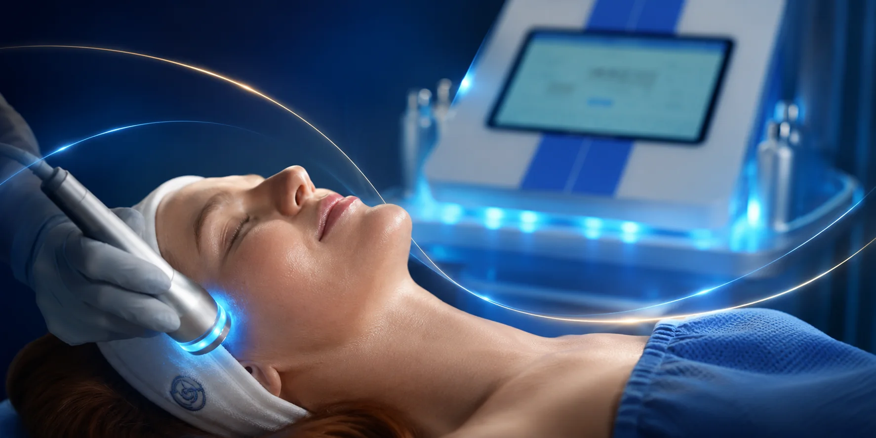 Relaxed client receiving a premium DermeLuxx Ultra treatment with blue light from the handpiece