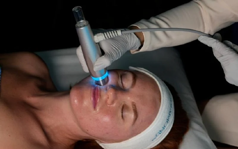 DermeDrop treatment handpiece applying serum delivery technology during a professional facial protocol