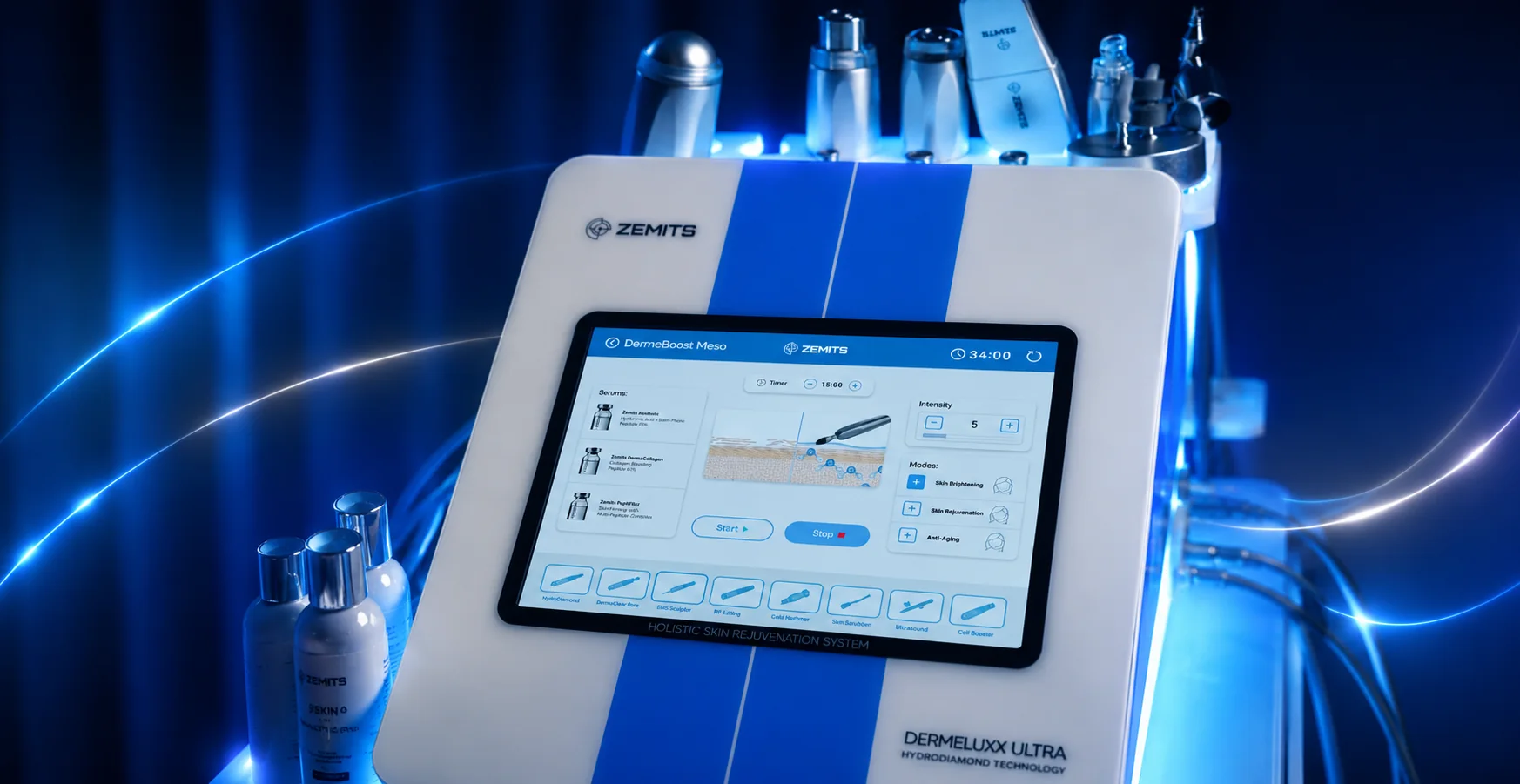 DermeLuxx Ultra device touchscreen and serum interface used to support guided premium facial protocols