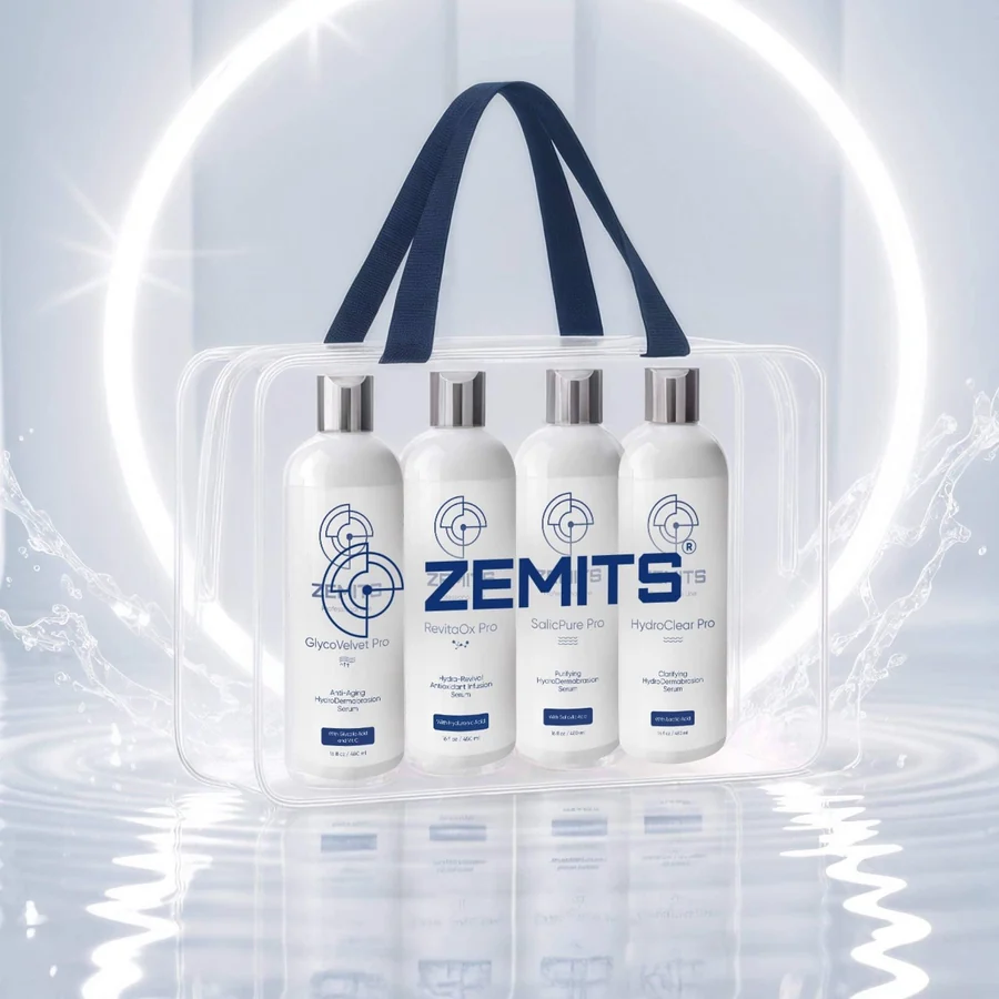 Zemits Professional Starter Kit Serums in a clear carrying bag with four hydrodermabrasion serum bottles